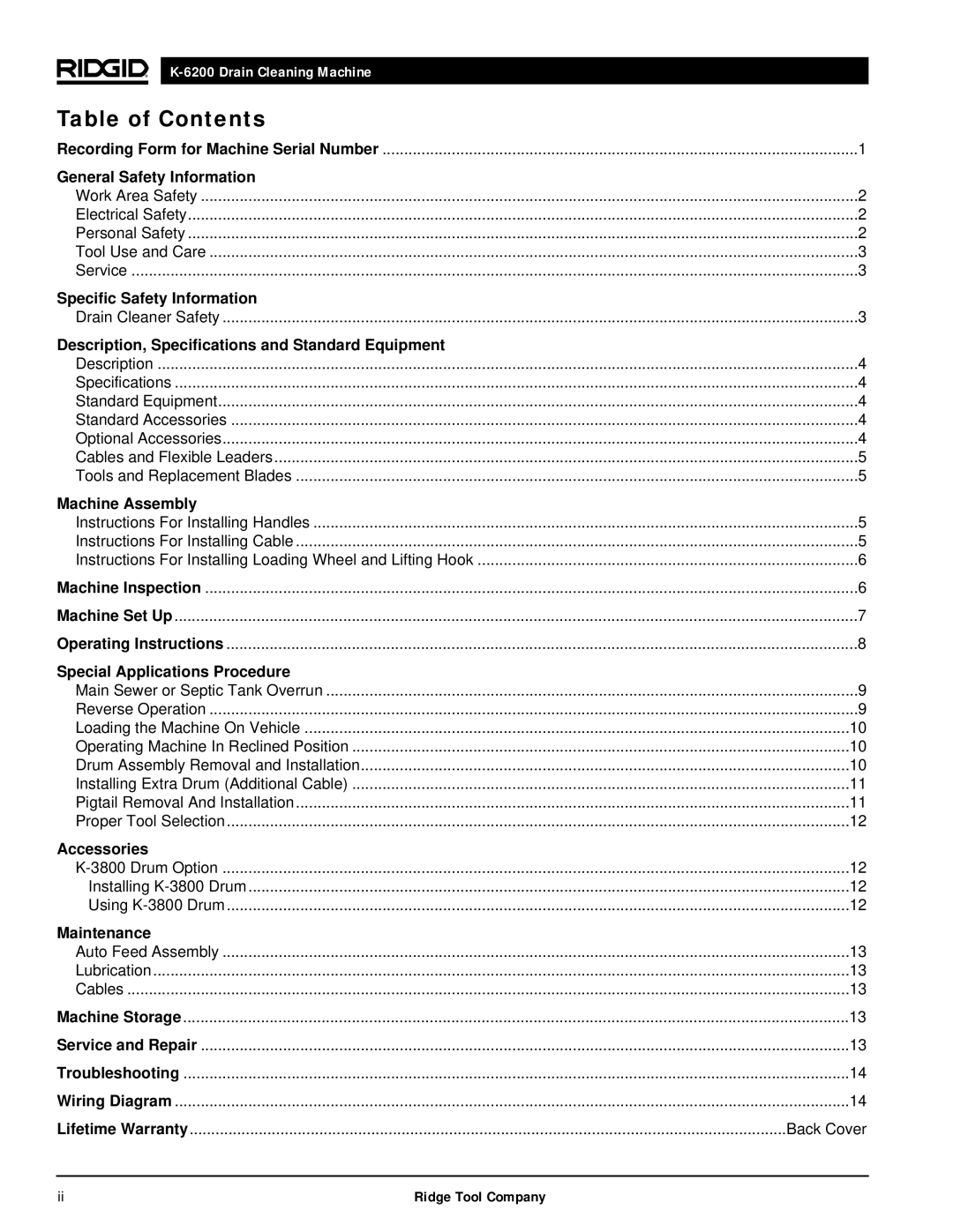 RIDGID K6200 manual Table of Contents 