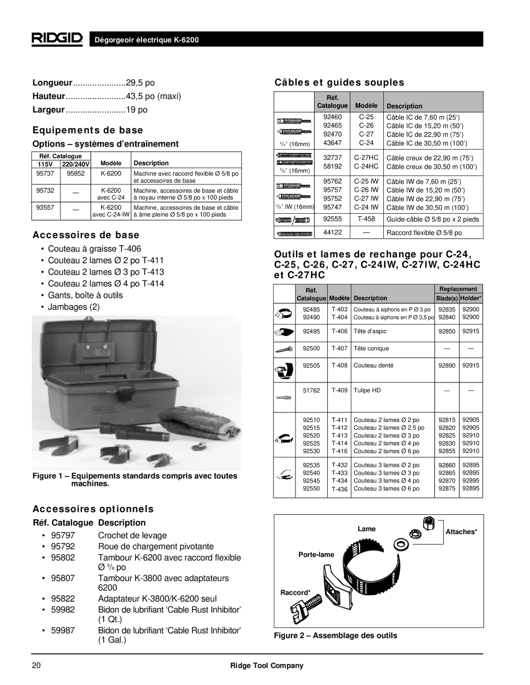 RIDGID K6200 manual Equipements de base, Accessoires de base, Accessoires optionnels, Câbles et guides souples 