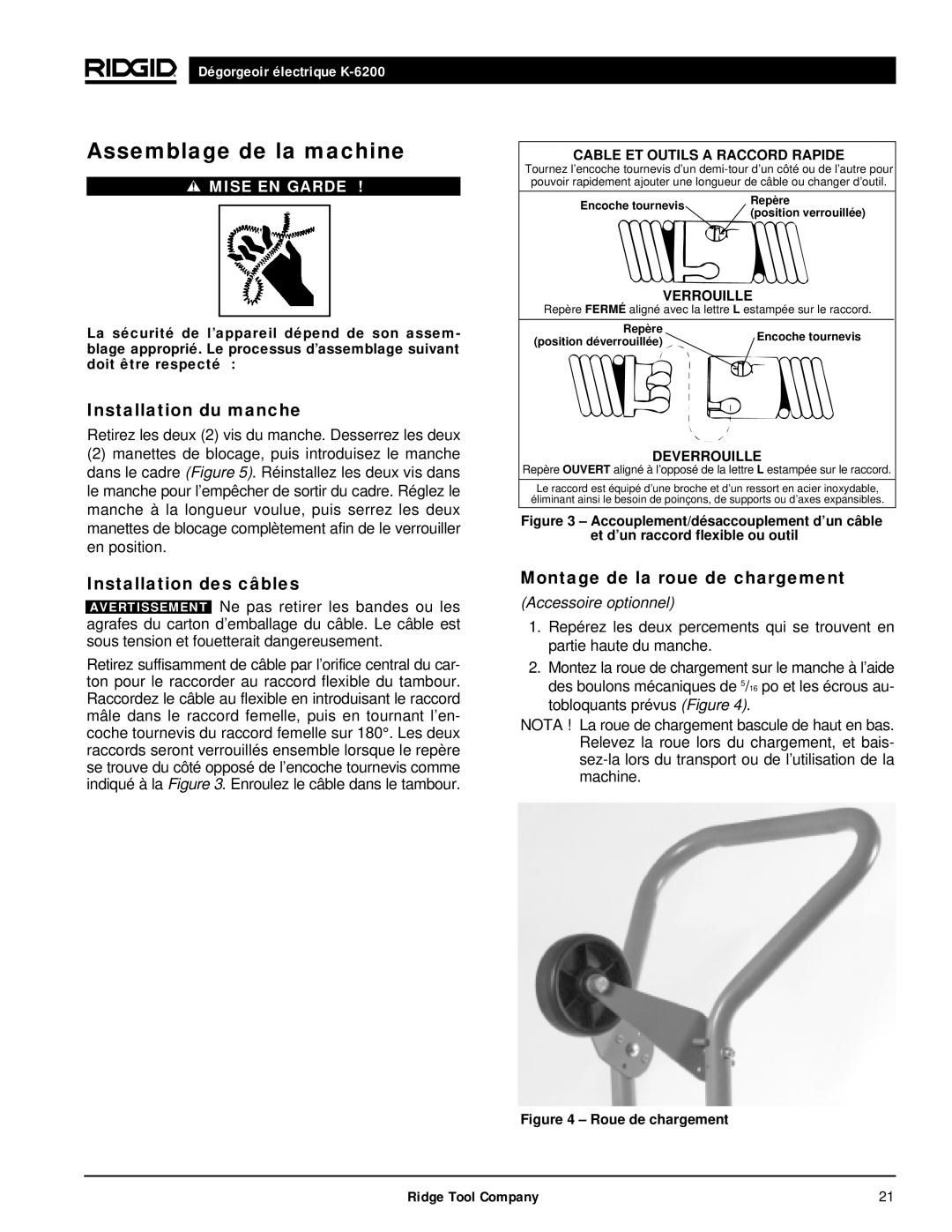 RIDGID K6200 Assemblage de la machine, Installation du manche, Installation des câbles, Montage de la roue de chargement 