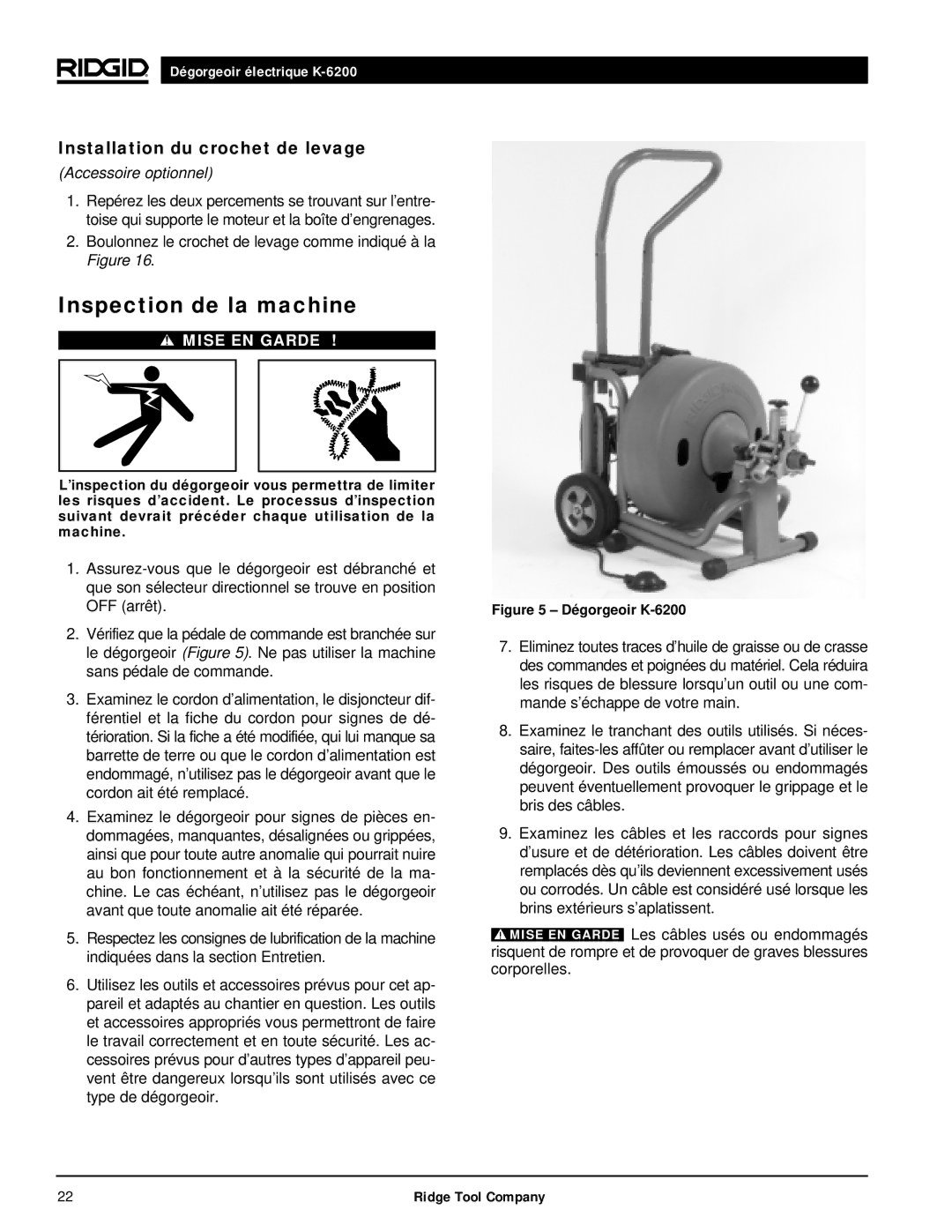 RIDGID K6200 manual Inspection de la machine, Installation du crochet de levage 