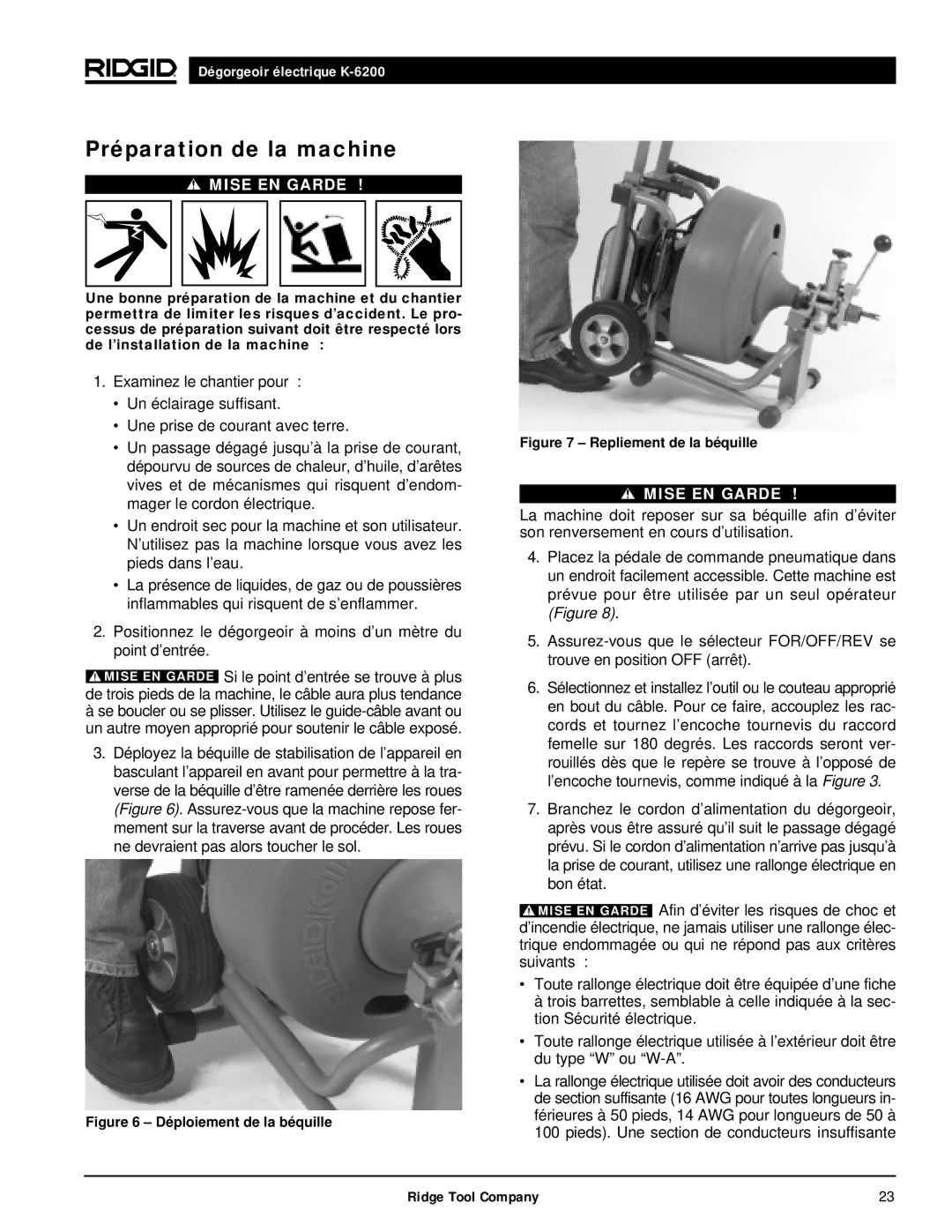 RIDGID K6200 manual Préparation de la machine, Déploiement de la béquille 