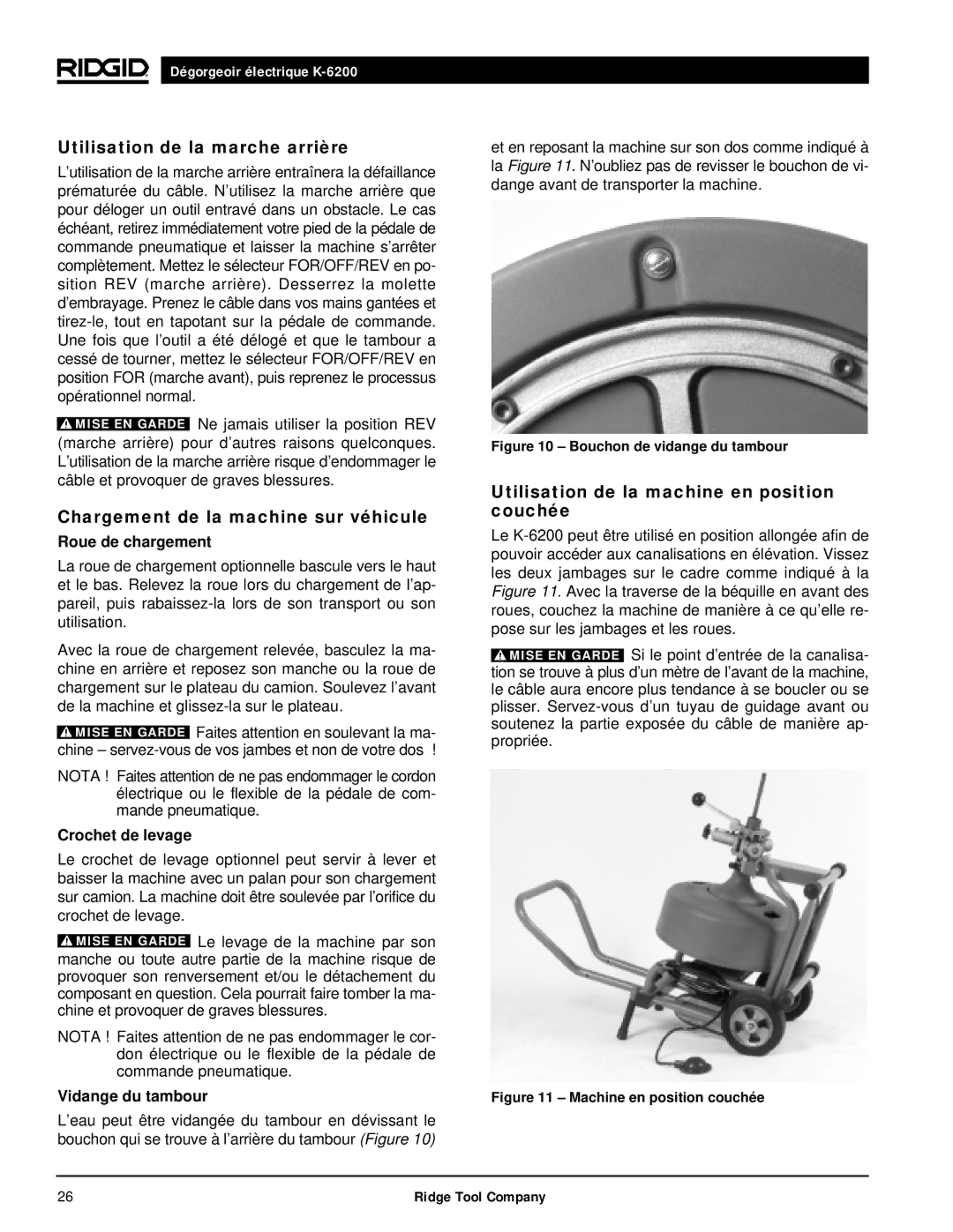 RIDGID K6200 manual Utilisation de la marche arrière, Chargement de la machine sur véhicule 