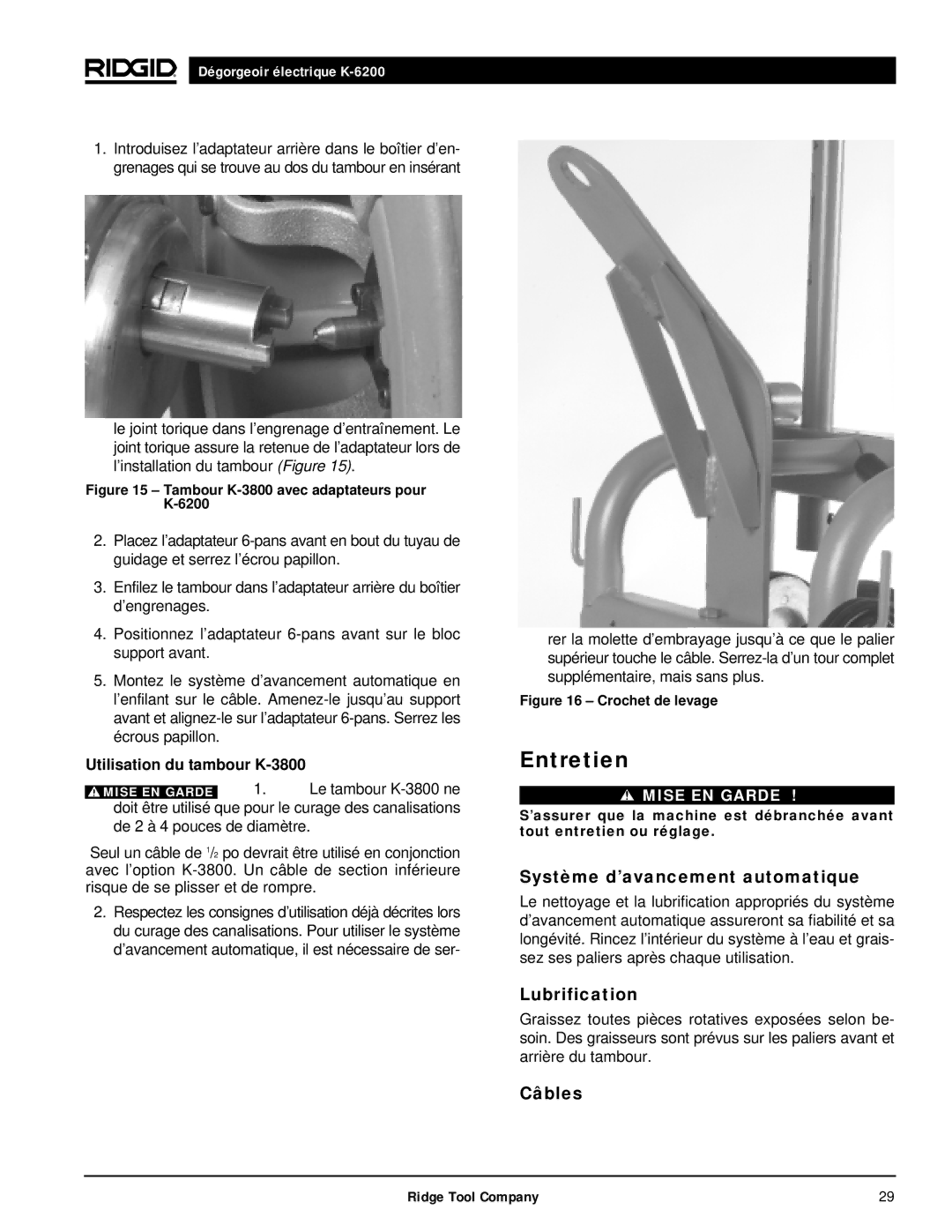 RIDGID K6200 manual Entretien, Système d’avancement automatique, Lubrification, Câbles, Utilisation du tambour K-3800 