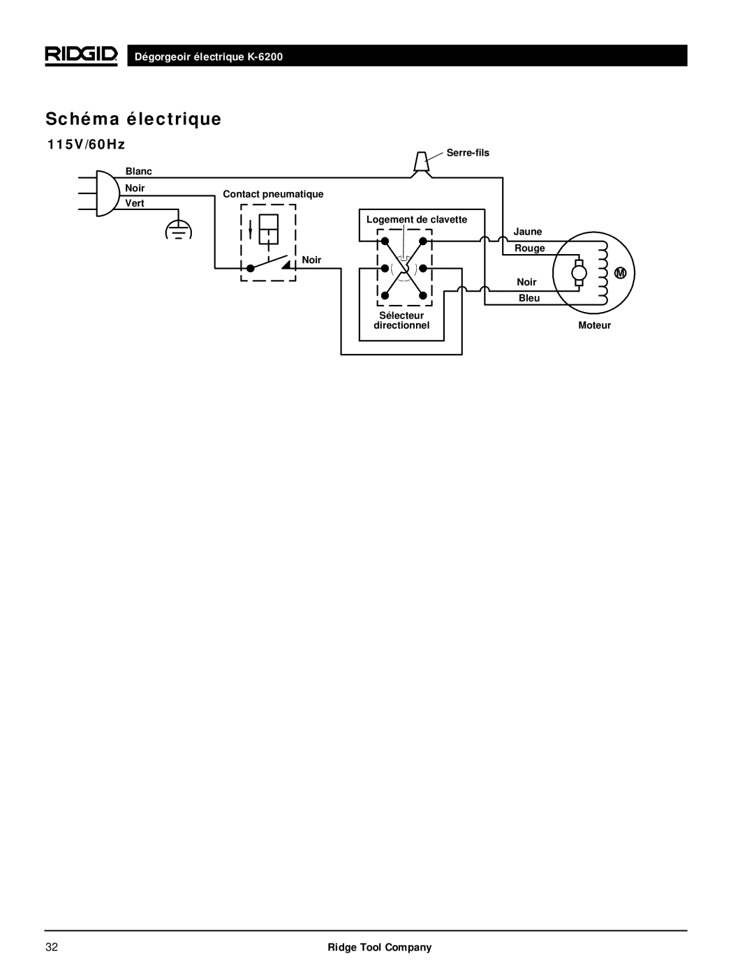 RIDGID K6200 manual Schéma électrique, 115V/60Hz 