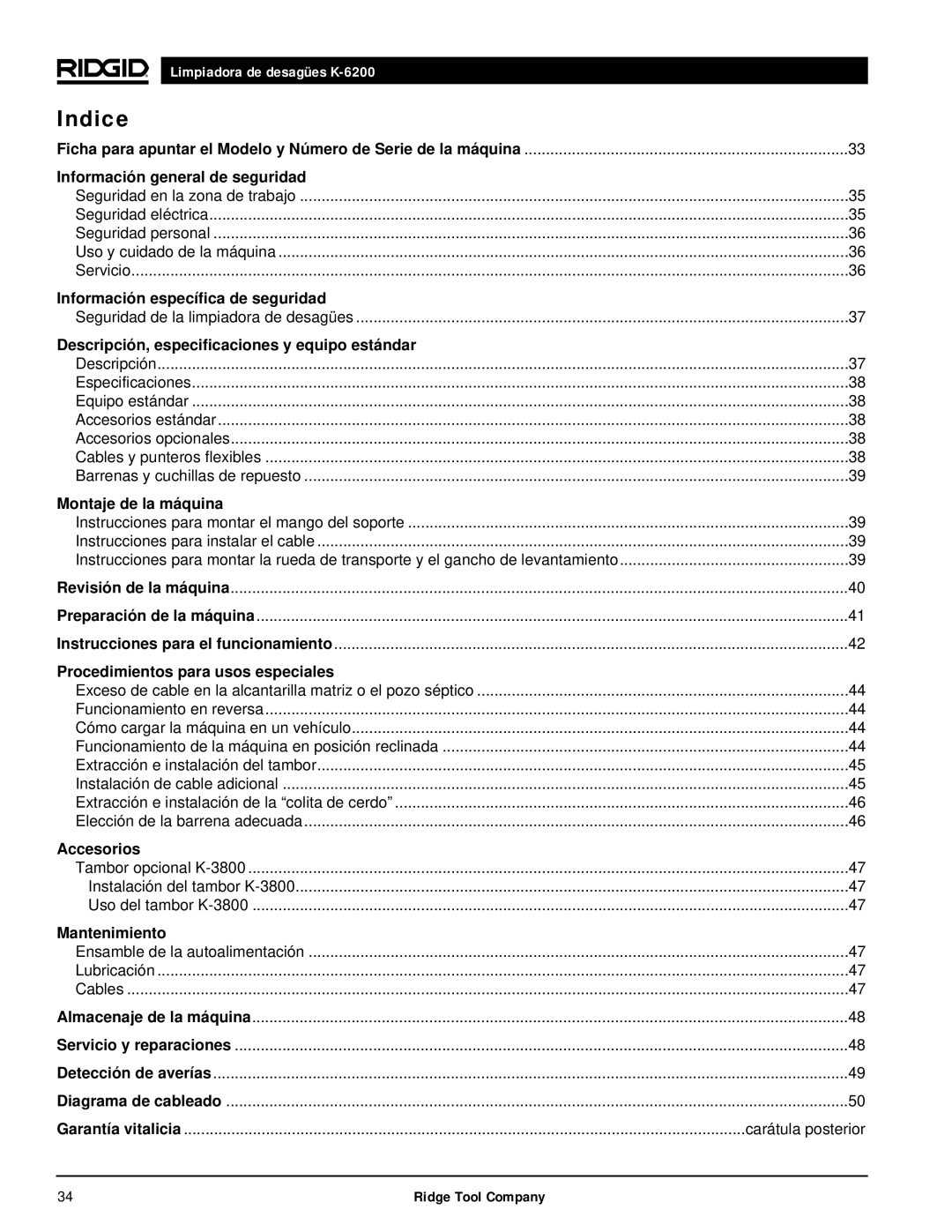 RIDGID K6200 manual Indice 