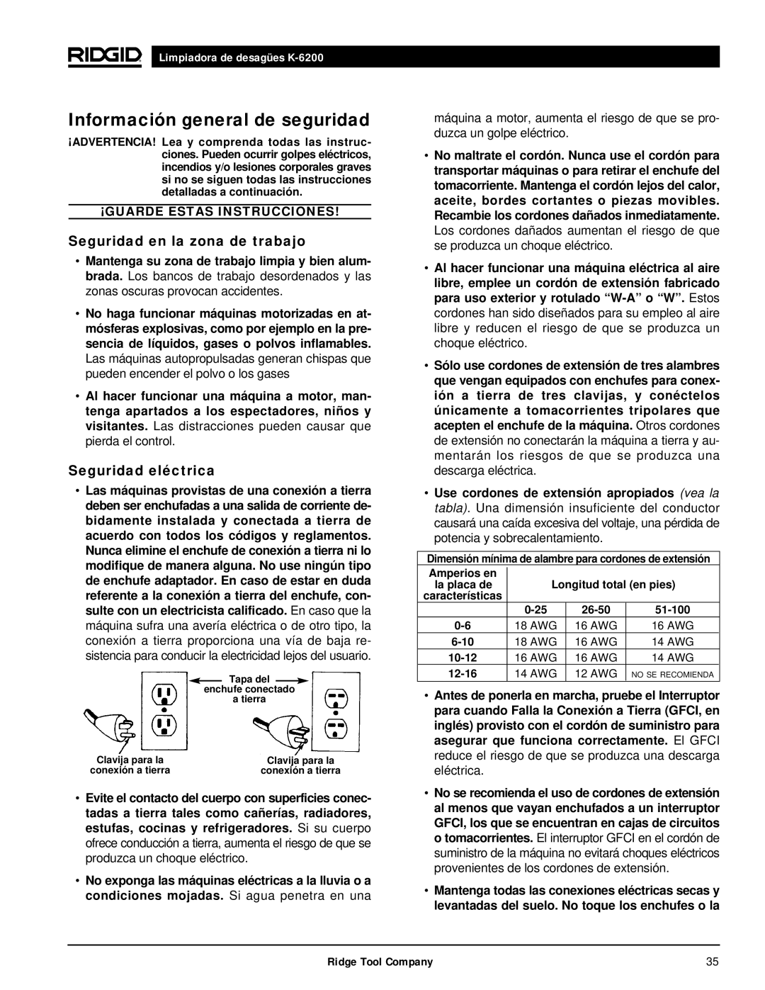 RIDGID K6200 manual Información general de seguridad, Seguridad en la zona de trabajo, Seguridad eléctrica 