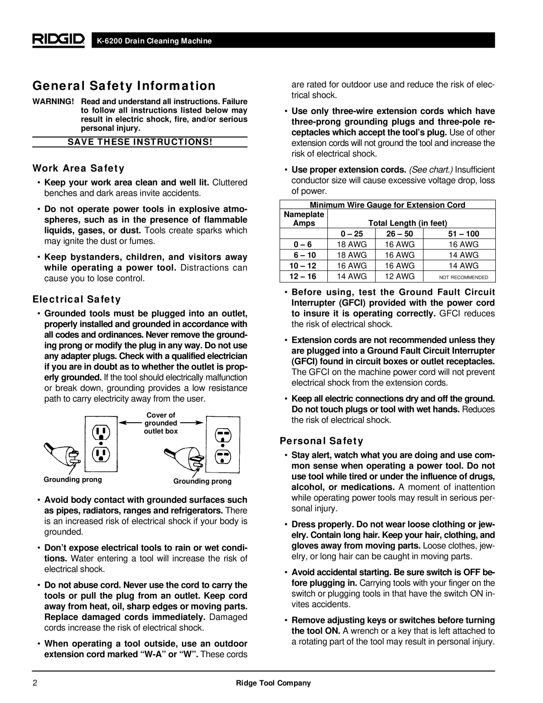 RIDGID K6200 manual General Safety Information, Work Area Safety, Electrical Safety, Personal Safety 