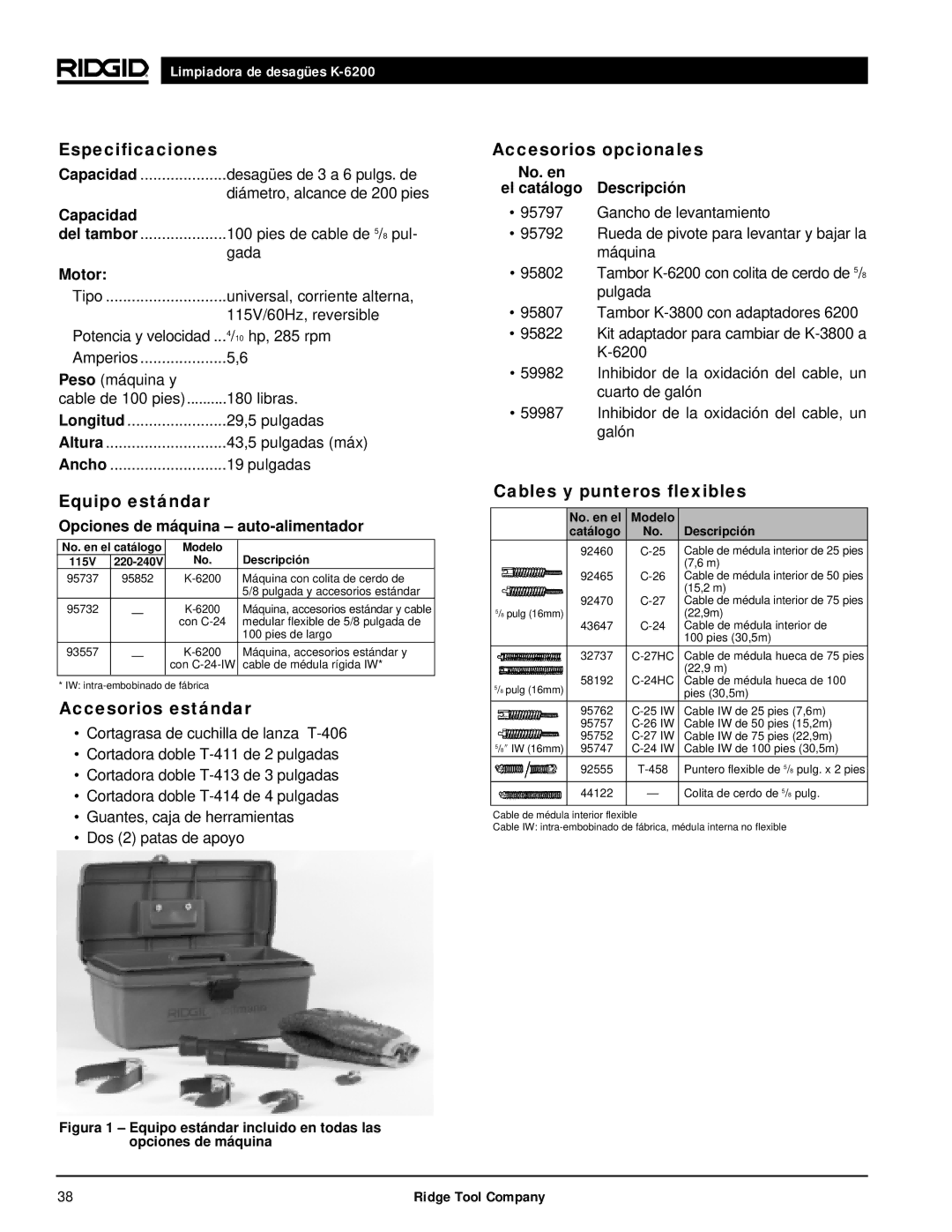 RIDGID K6200 Especificaciones, Equipo estándar, Accesorios estándar, Accesorios opcionales, Cables y punteros flexibles 