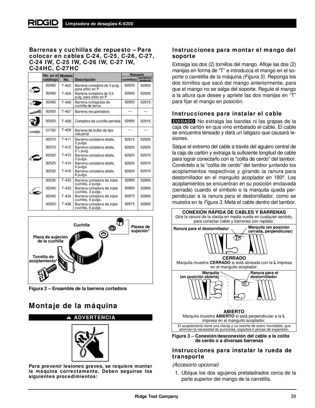 RIDGID K6200 Montaje de la máquina, Instrucciones para montar el mango del soporte, Instrucciones para instalar el cable 