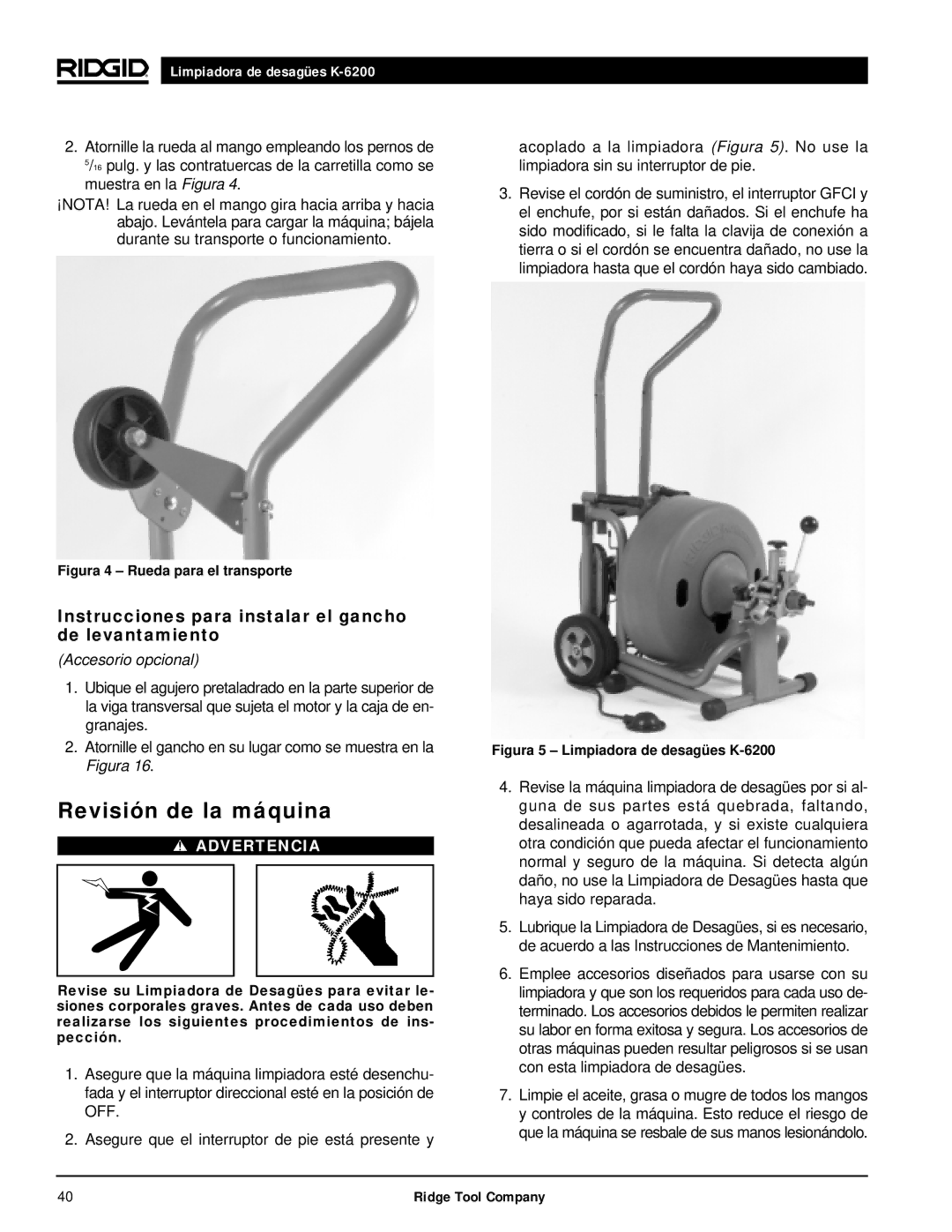 RIDGID K6200 manual Revisión de la máquina, Instrucciones para instalar el gancho de levantamiento 