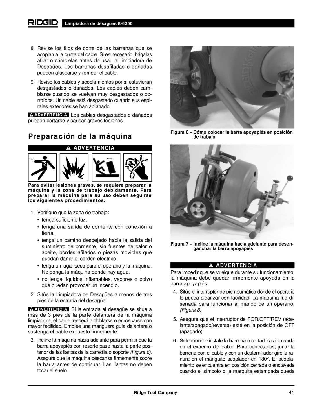 RIDGID K6200 manual Preparación de la máquina 