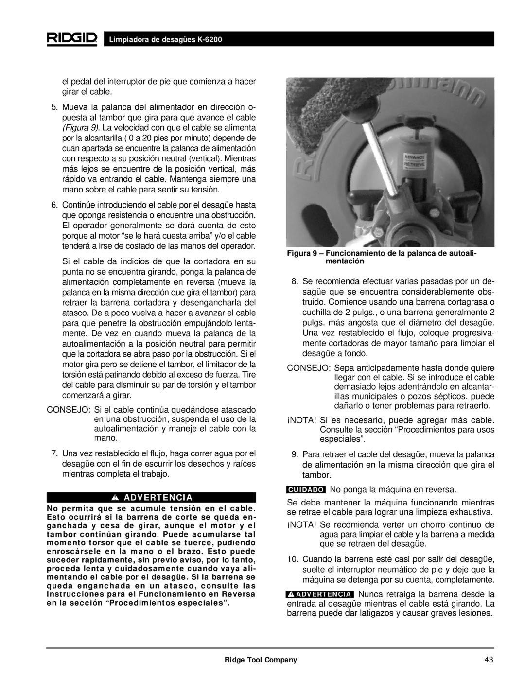 RIDGID K6200 manual Figura 9 Funcionamiento de la palanca de autoali- mentación 