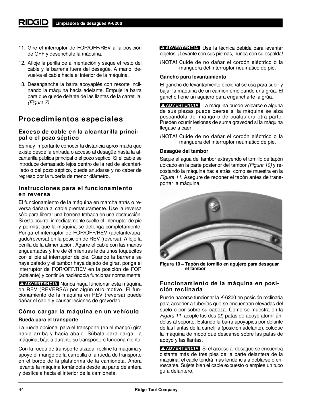 RIDGID K6200 manual Procedimientos especiales, Instrucciones para el funcionamiento en reversa 