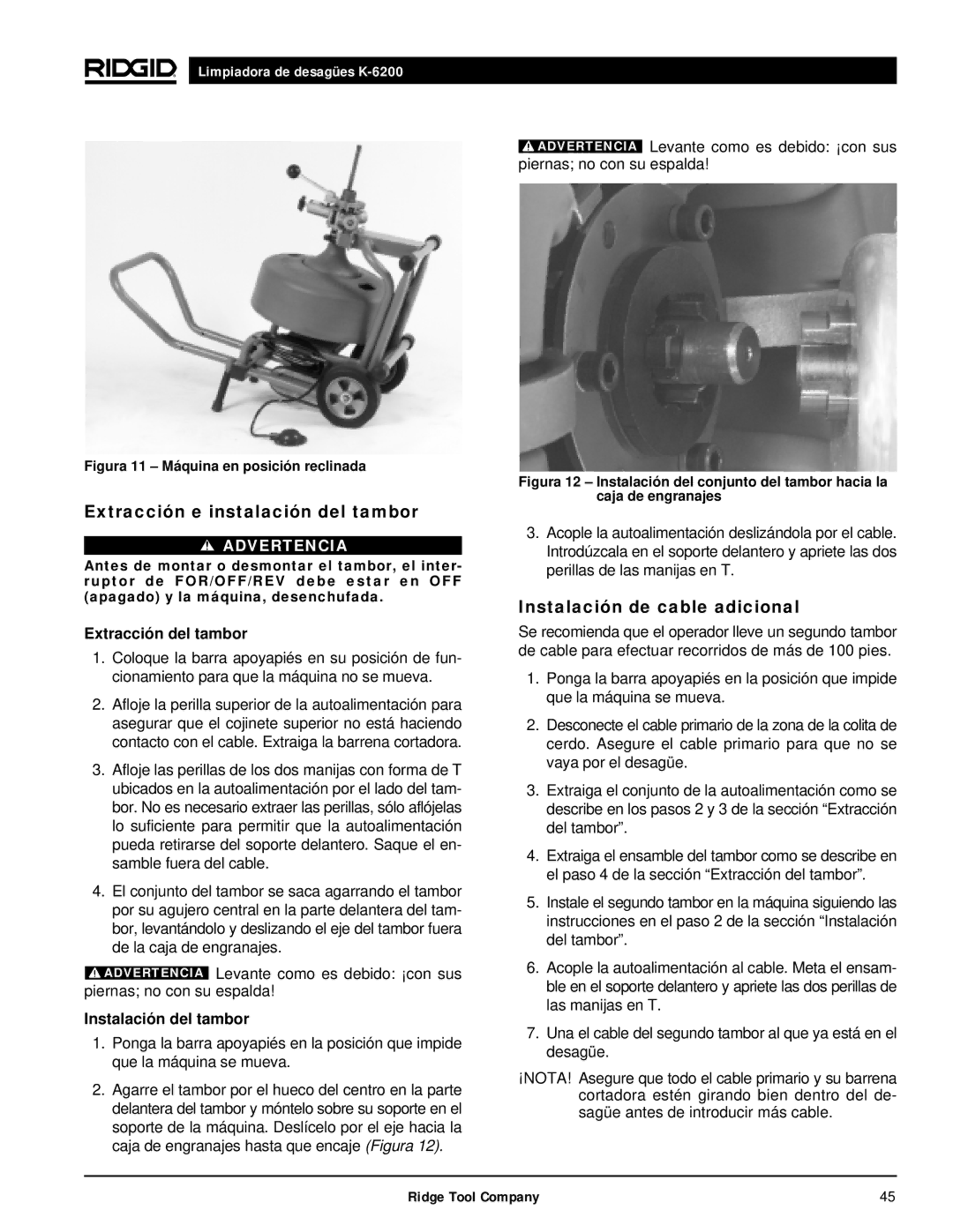 RIDGID K6200 manual Extracción e instalación del tambor, Instalación de cable adicional, Extracción del tambor 