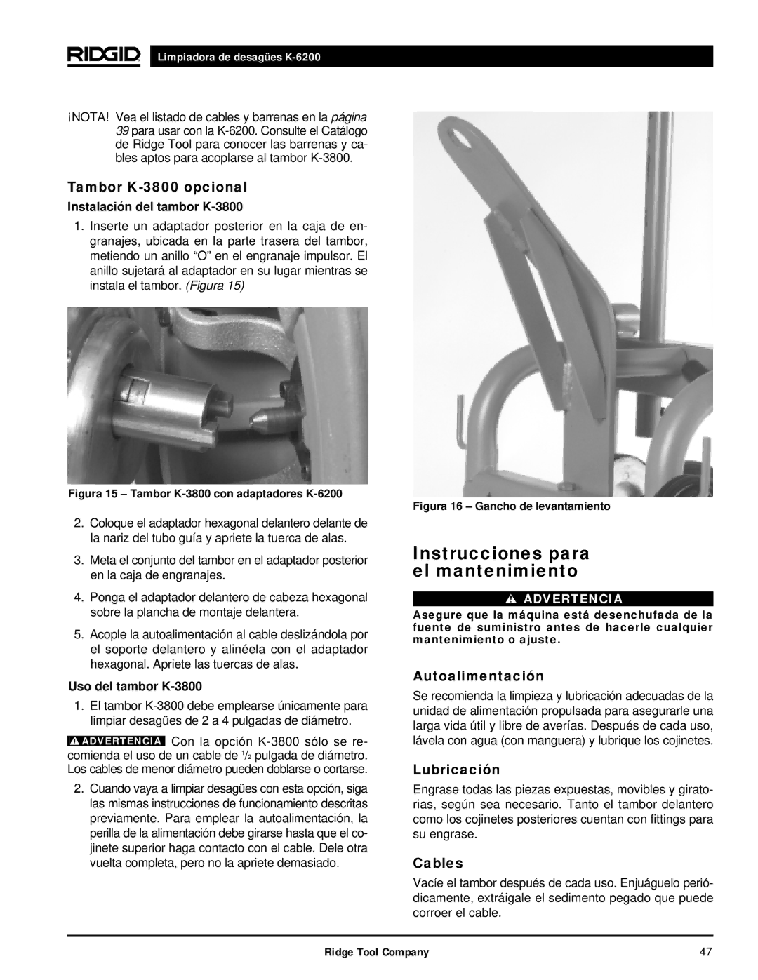 RIDGID K6200 manual Instrucciones para el mantenimiento, Tambor K-3800 opcional, Autoalimentación, Lubricación 