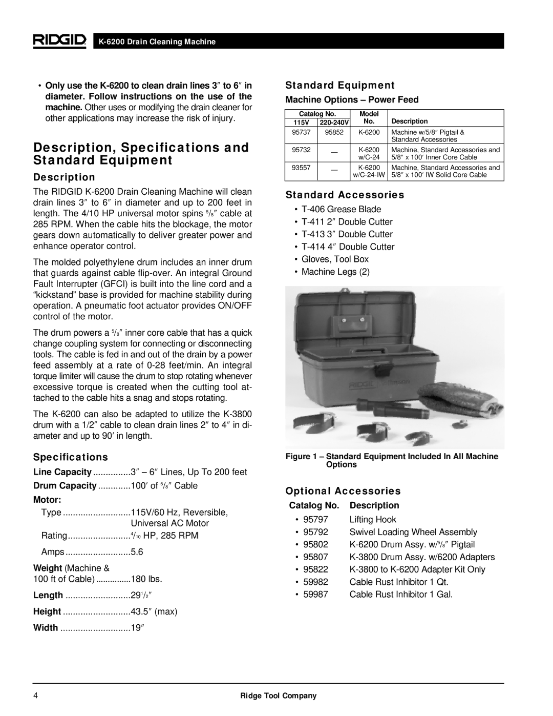 RIDGID K6200 manual Description, Specifications and Standard Equipment 