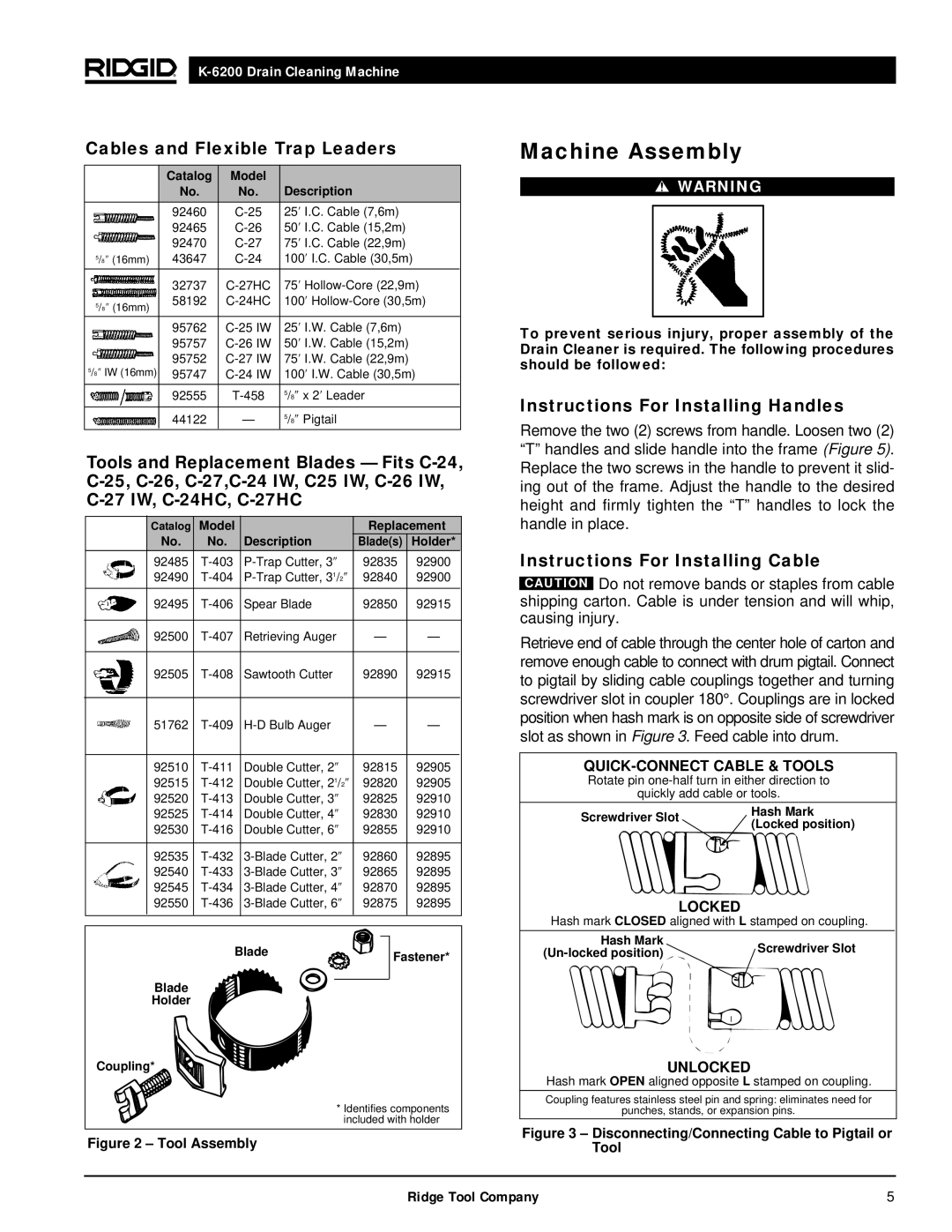 RIDGID K6200 manual Machine Assembly, Cables and Flexible Trap Leaders, Instructions For Installing Handles 