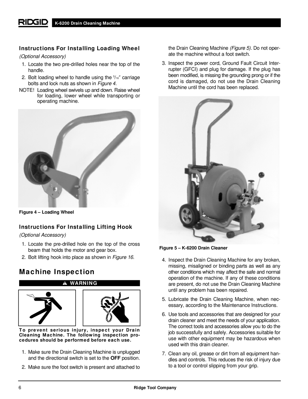 RIDGID K6200 manual Machine Inspection, Instructions For Installing Loading Wheel, Instructions For Installing Lifting Hook 