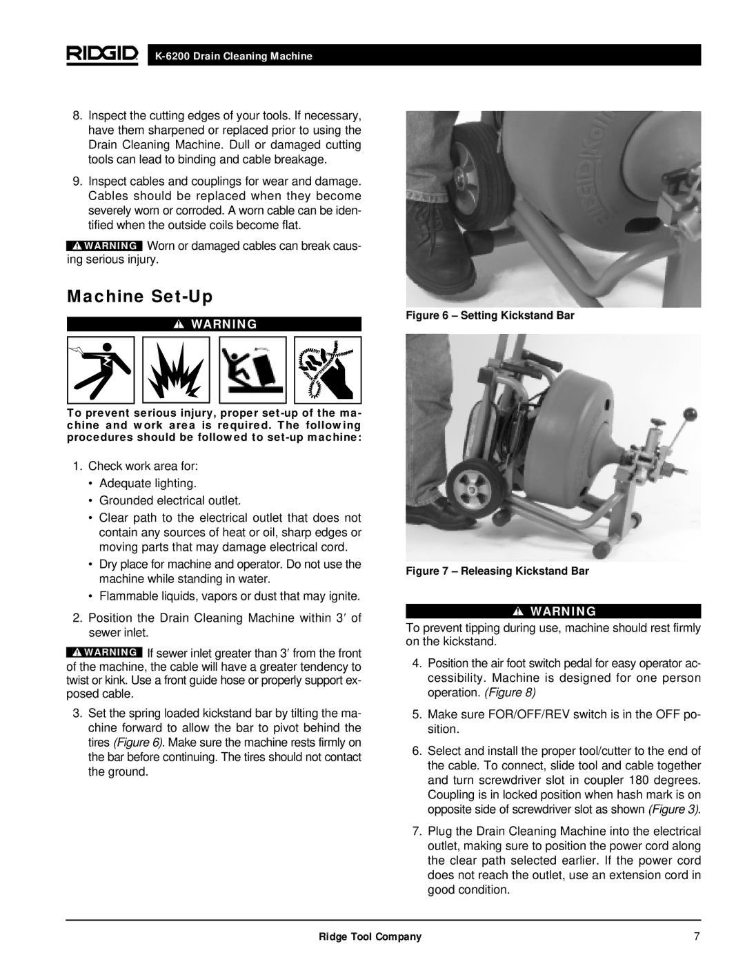 RIDGID K6200 manual Machine Set-Up, Setting Kickstand Bar 