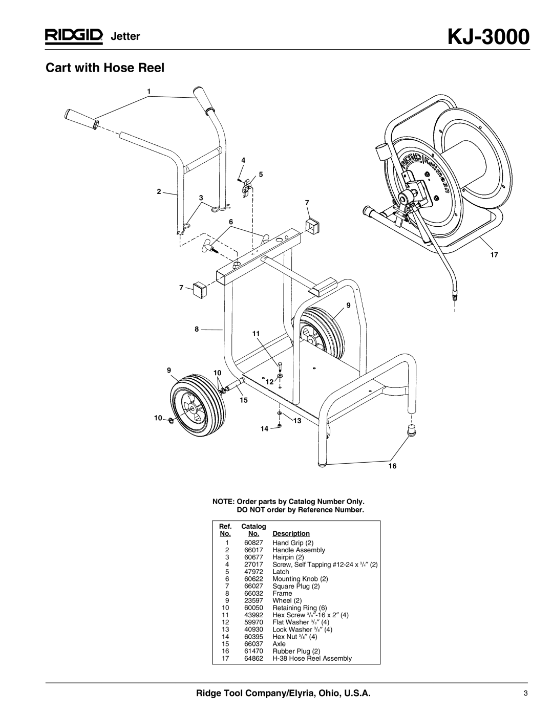 RIDGID KJ-3000 manual Cart with Hose Reel, Jetter, Ridge Tool Company/Elyria, Ohio, U.S.A 