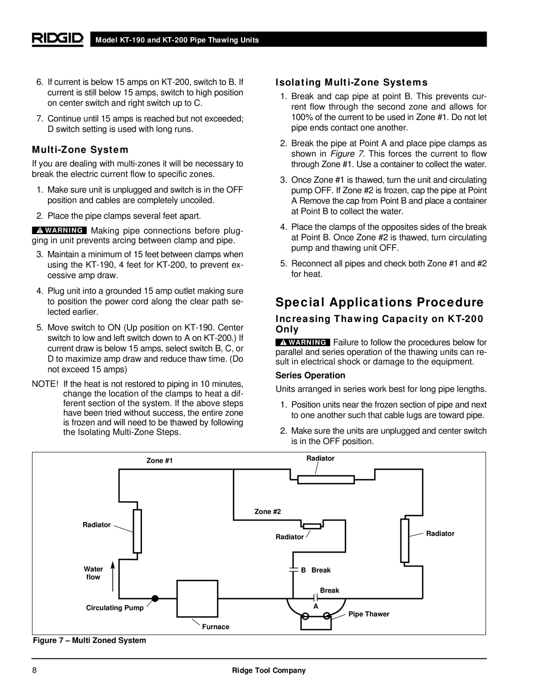 RIDGID kt-190 Special Applications Procedure, Isolating Multi-Zone Systems, Increasing Thawing Capacity on KT-200 Only 