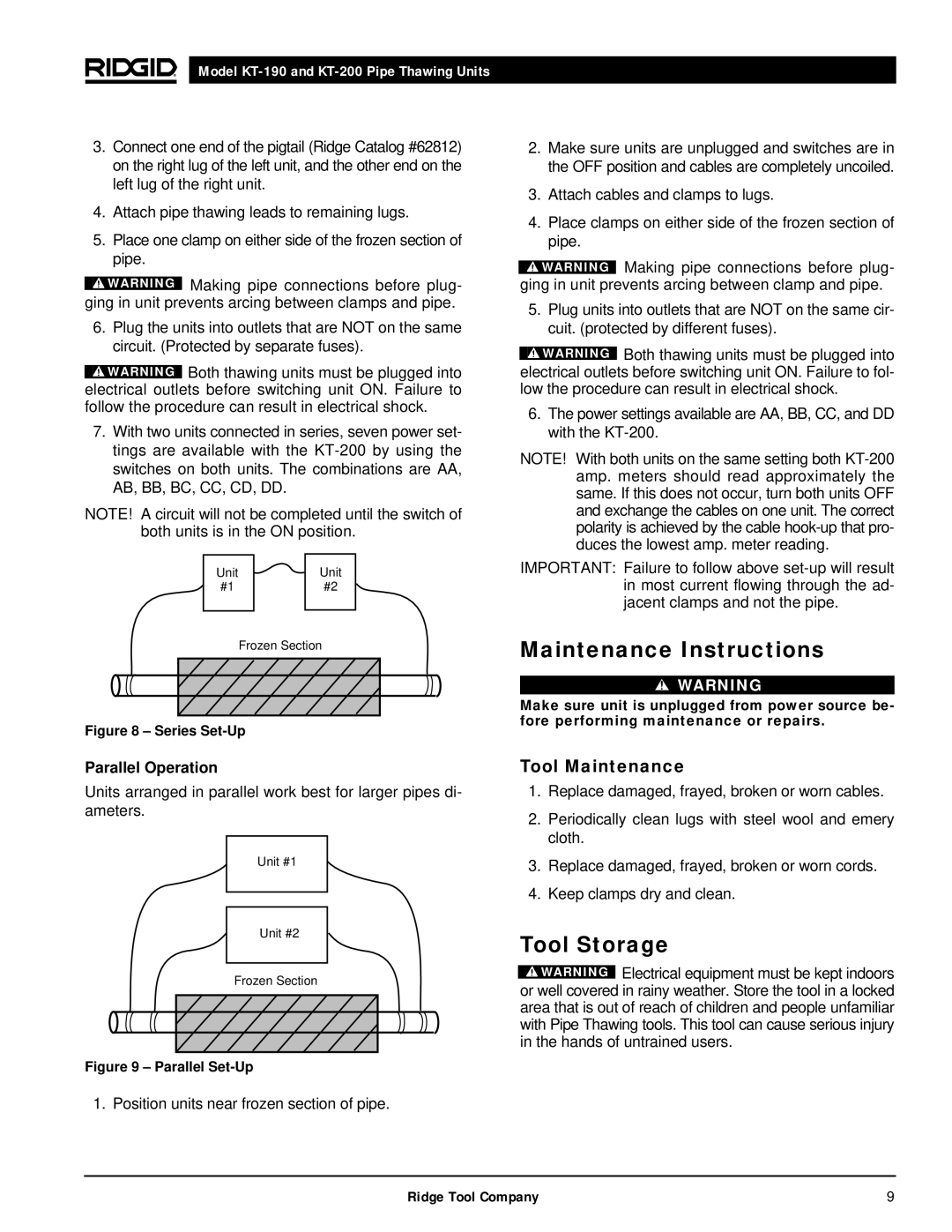 RIDGID kt-190 manual Maintenance Instructions, Tool Storage, Tool Maintenance, Parallel Operation 