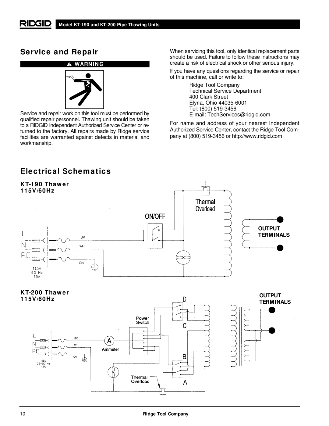 RIDGID kt-190 manual Service and Repair, Electrical Schematics, KT-190 Thawer 115V/60Hz, KT-200 Thawer 