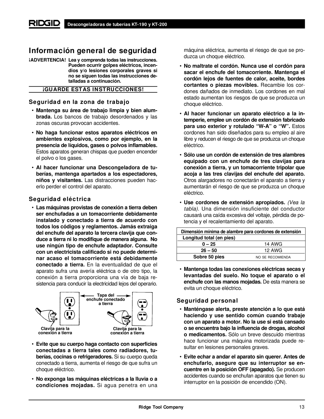 RIDGID kt-190 Información general de seguridad, Seguridad en la zona de trabajo, Seguridad eléctrica, Seguridad personal 