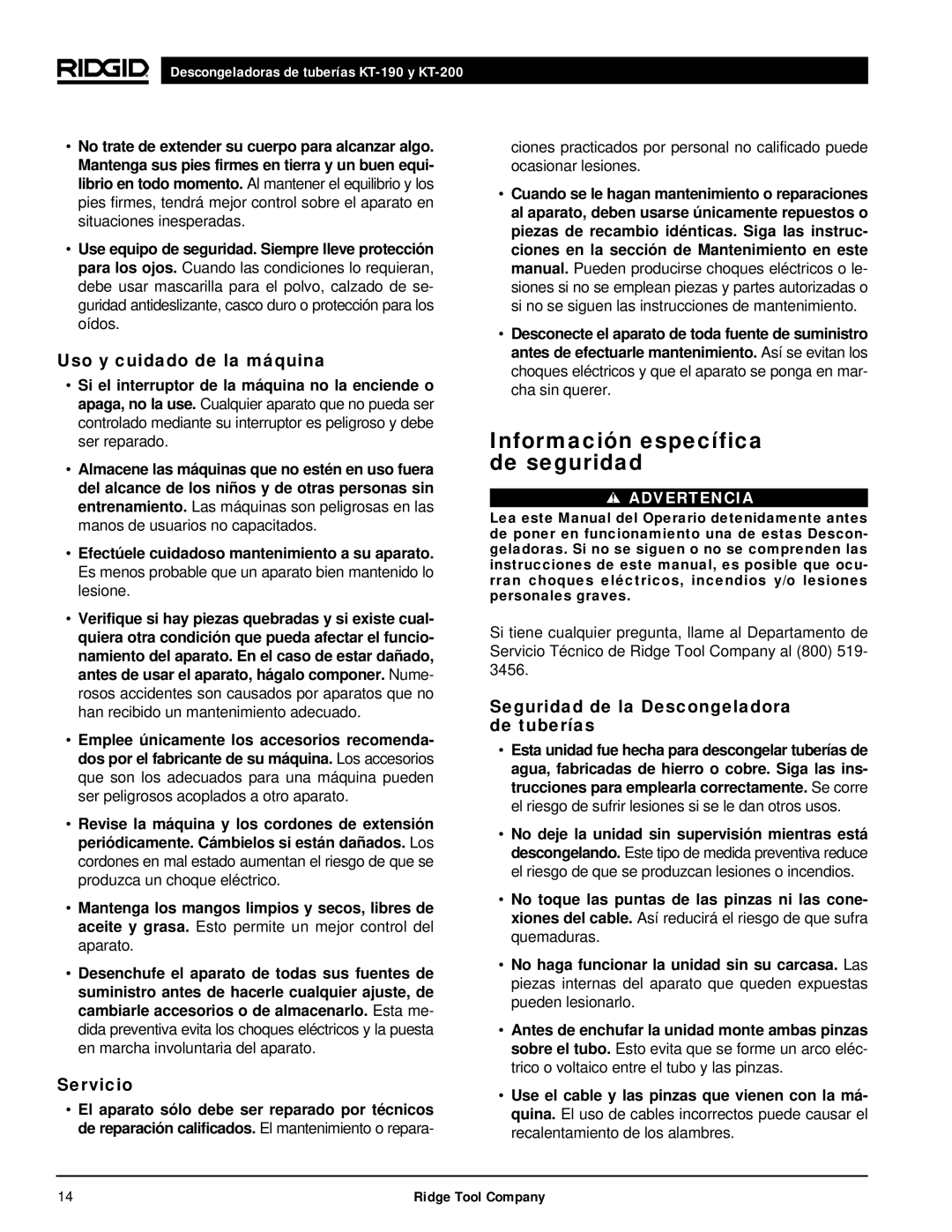 RIDGID kt-190 manual Información específica de seguridad, Uso y cuidado de la máquina, Servicio 