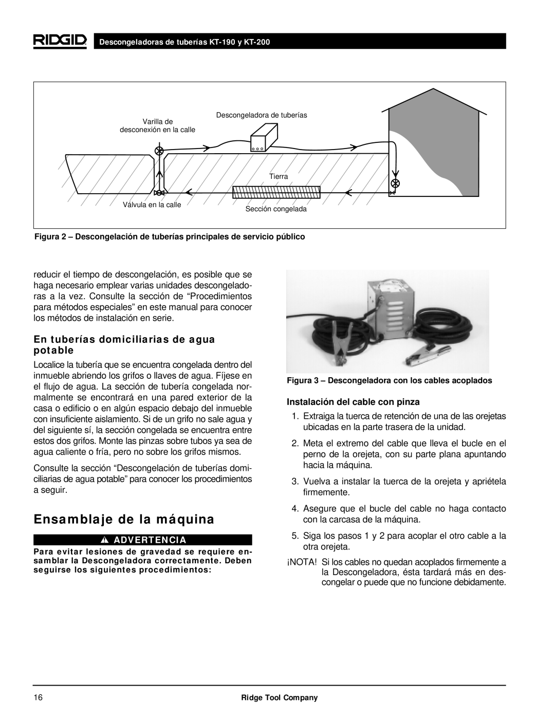 RIDGID kt-190 manual Ensamblaje de la máquina, En tuberías domiciliarias de agua potable, Instalación del cable con pinza 