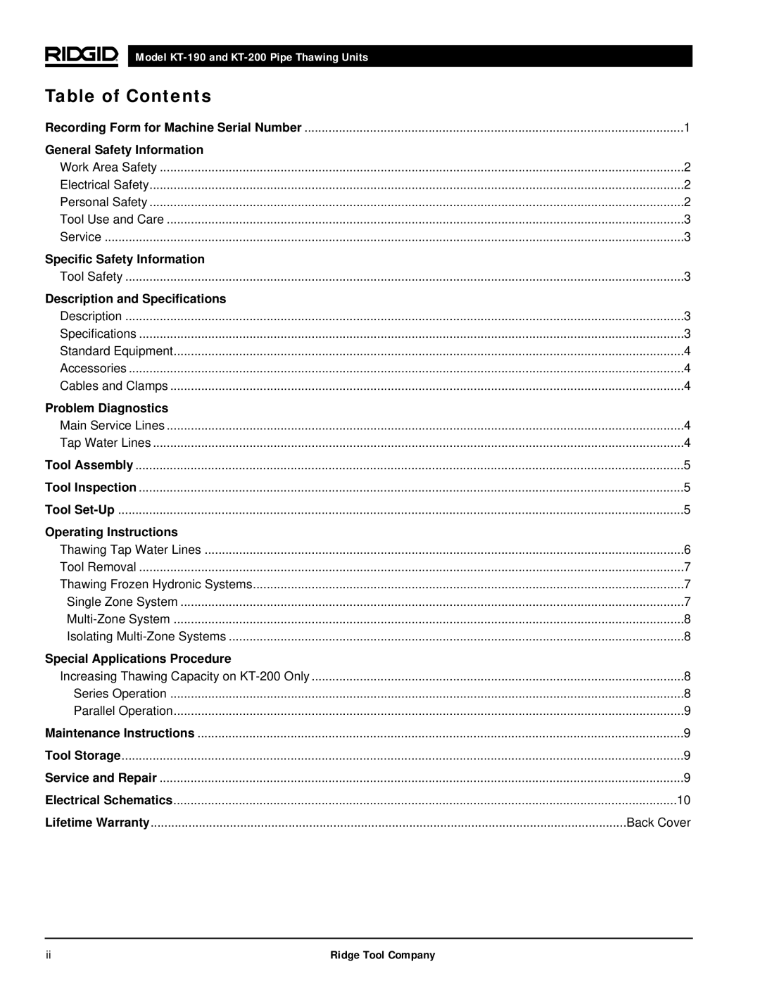 RIDGID kt-190 manual Table of Contents 