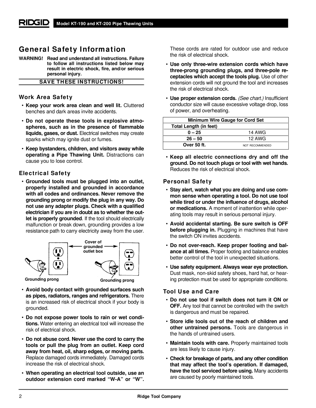 RIDGID kt-190 manual General Safety Information, Work Area Safety, Electrical Safety, Personal Safety, Tool Use and Care 