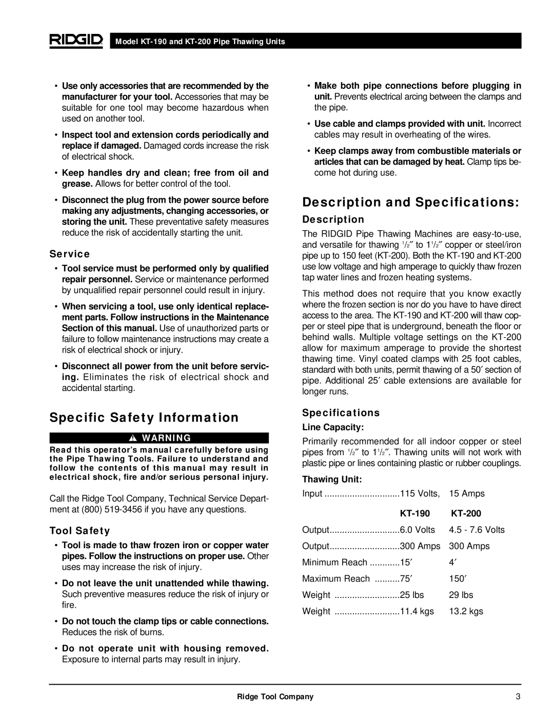 RIDGID kt-190 manual Specific Safety Information, Description and Specifications 