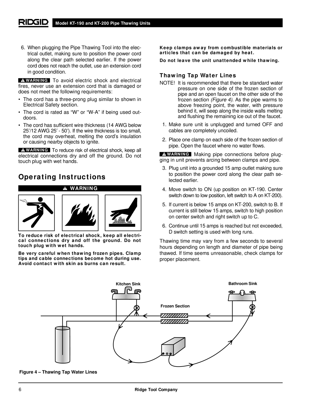 RIDGID kt-190 manual Operating Instructions, Thawing Tap Water Lines 