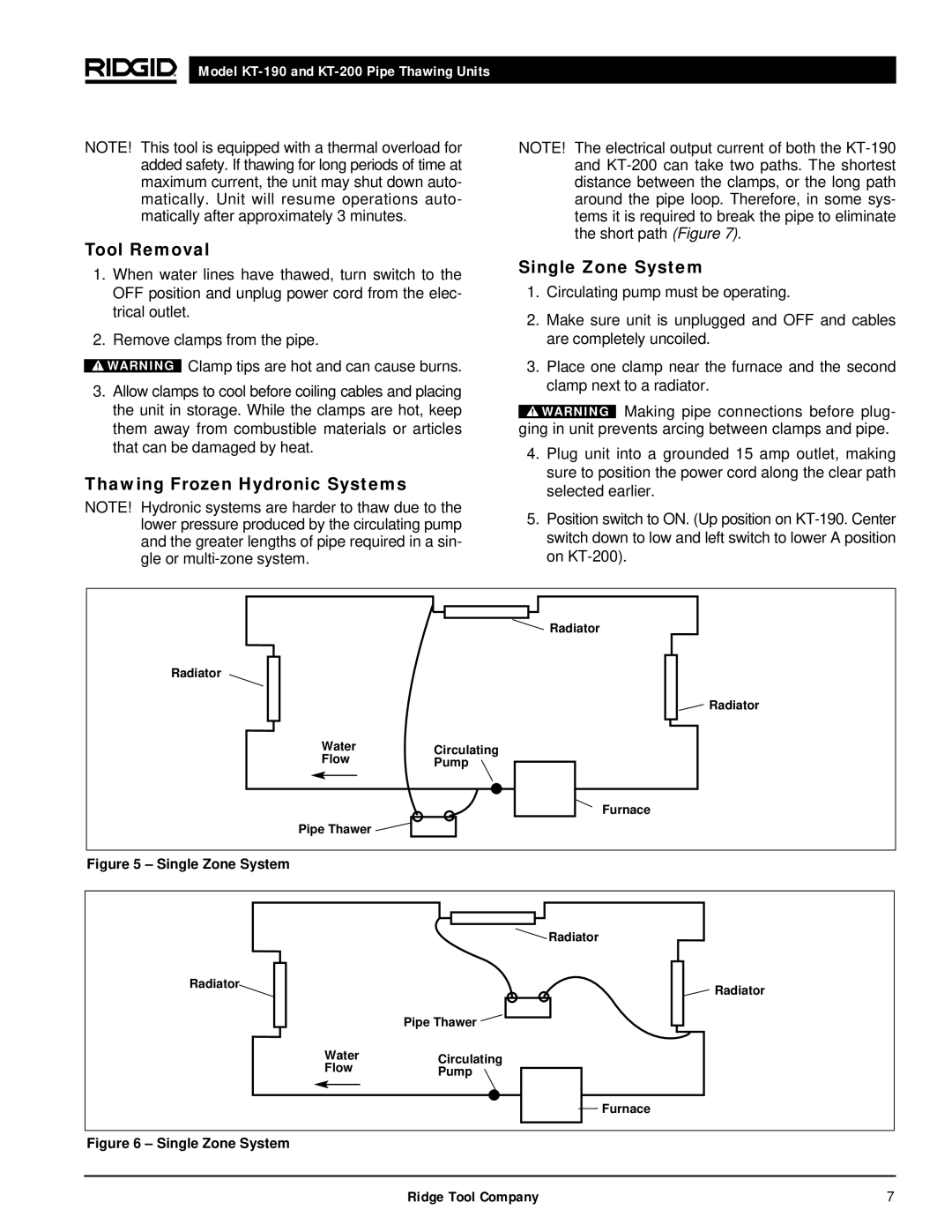 RIDGID kt-190 manual Tool Removal, Thawing Frozen Hydronic Systems Single Zone System 