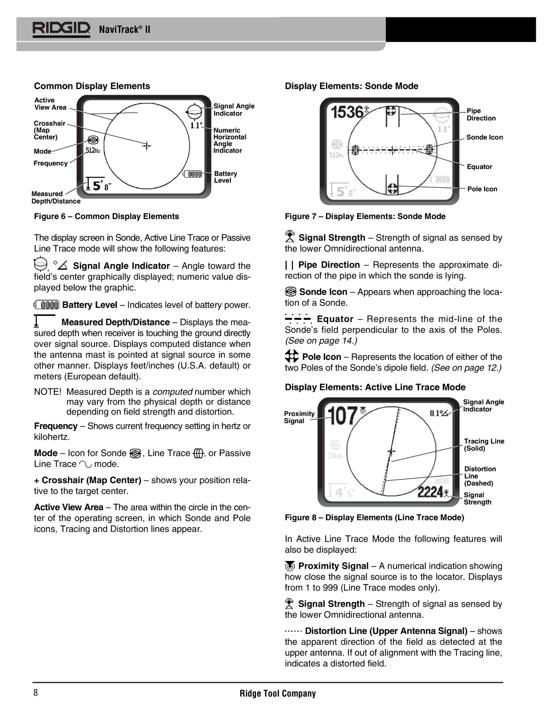 RIDGID Metal Detector manual Common Display Elements, Display Elements Active Line Trace Mode 