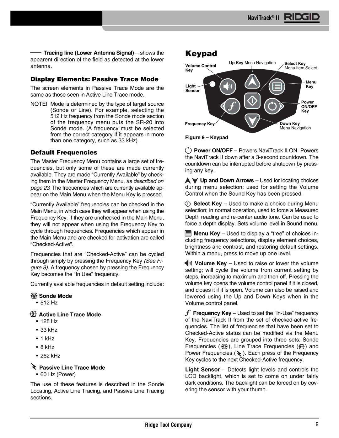 RIDGID Metal Detector manual Keypad, Display Elements Passive Trace Mode, Default Frequencies 