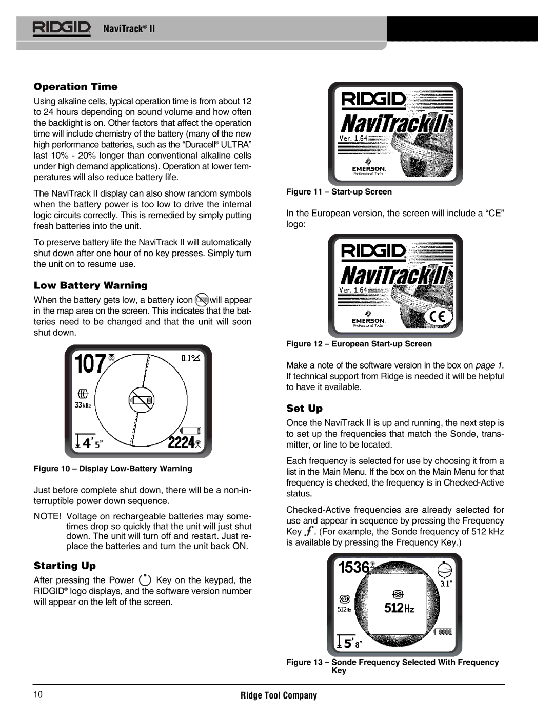 RIDGID Metal Detector manual NaviTrack Operation Time, Low Battery Warning, Starting Up, Set Up 