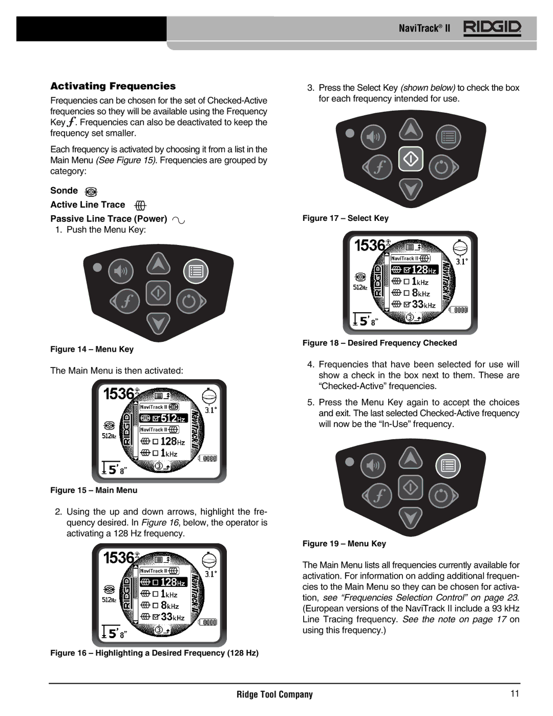 RIDGID Metal Detector manual NaviTrack Activating Frequencies, Sonde Active Line Trace Passive Line Trace Power 