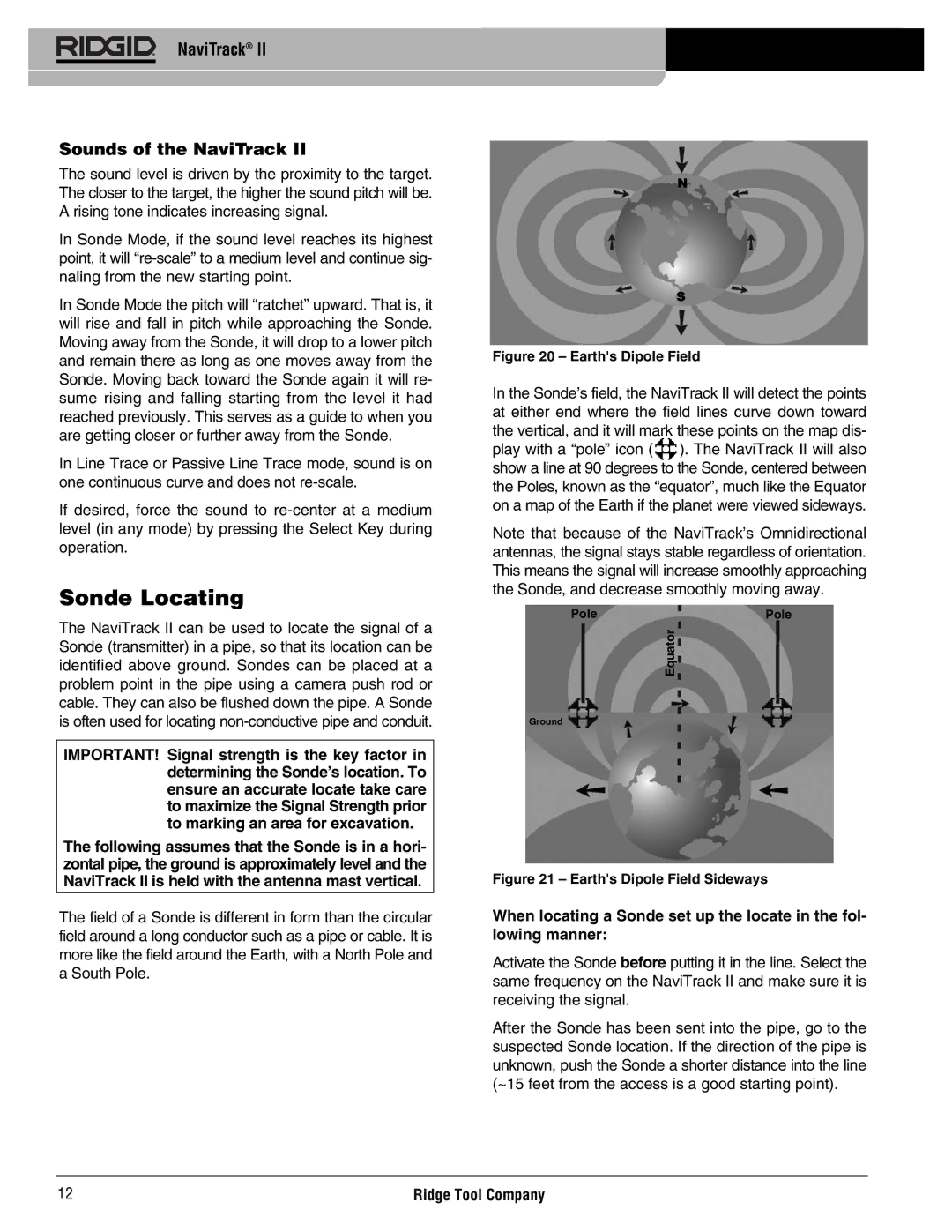 RIDGID Metal Detector manual Sonde Locating, NaviTrack Sounds of the NaviTrack 