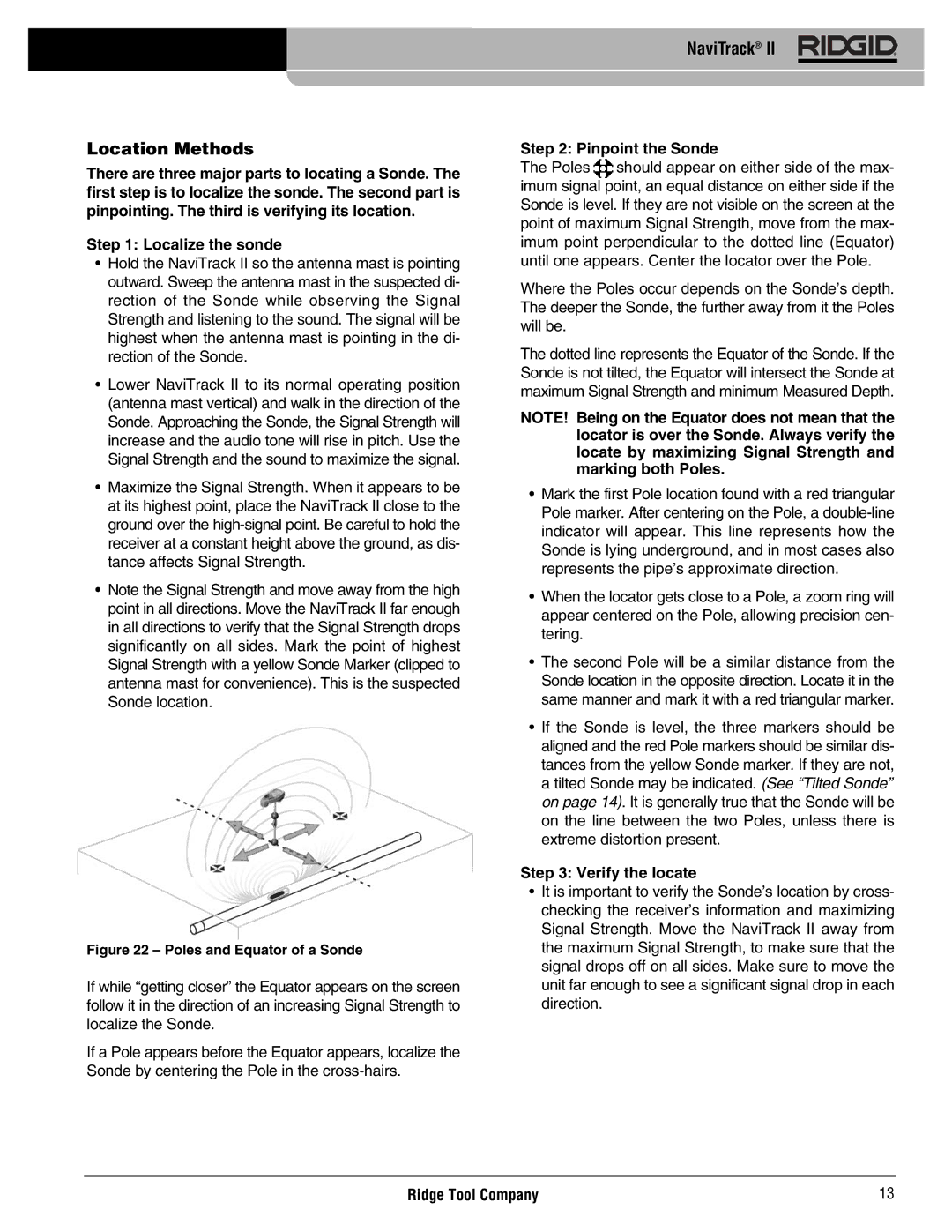 RIDGID Metal Detector manual NaviTrack Location Methods, Localize the sonde, Pinpoint the Sonde, Verify the locate 