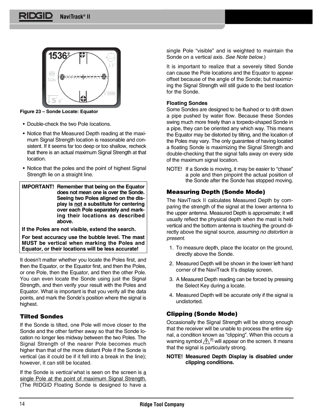 RIDGID Metal Detector manual Tilted Sondes, Measuring Depth Sonde Mode, Clipping Sonde Mode, Floating Sondes 