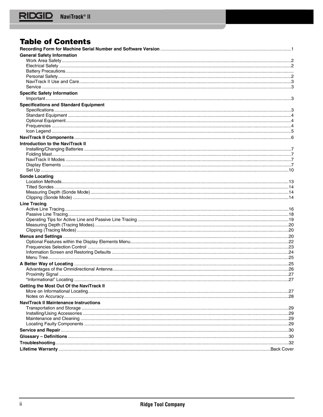 RIDGID Metal Detector manual Table of Contents 