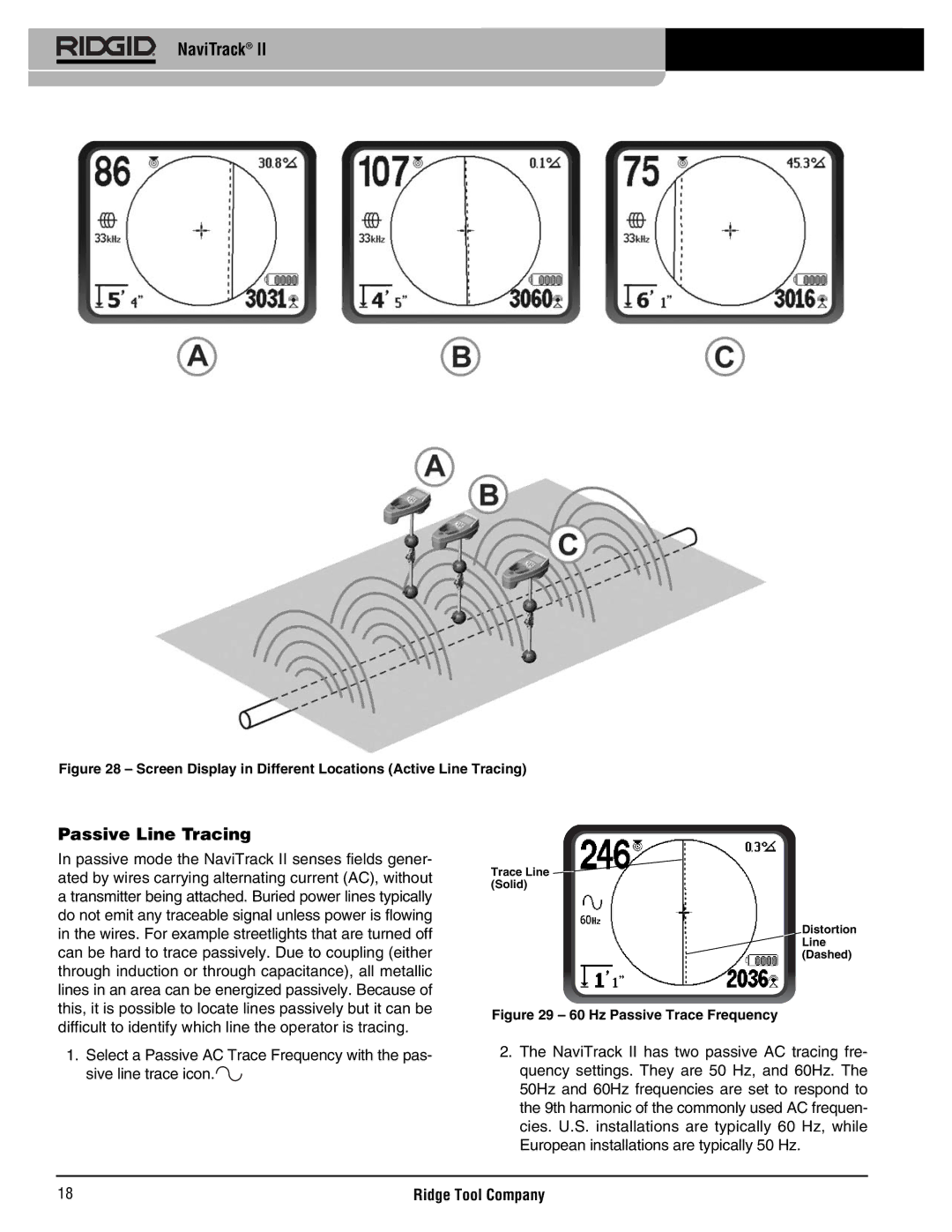 RIDGID Metal Detector manual Passive Line Tracing, Screen Display in Different Locations Active Line Tracing 