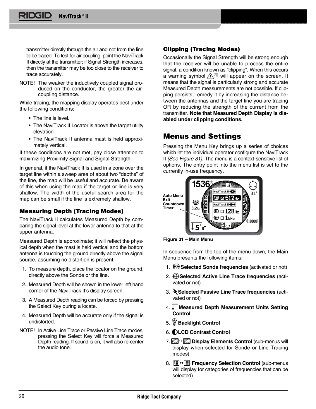 RIDGID Metal Detector manual Menus and Settings, Measuring Depth Tracing Modes, Clipping Tracing Modes 