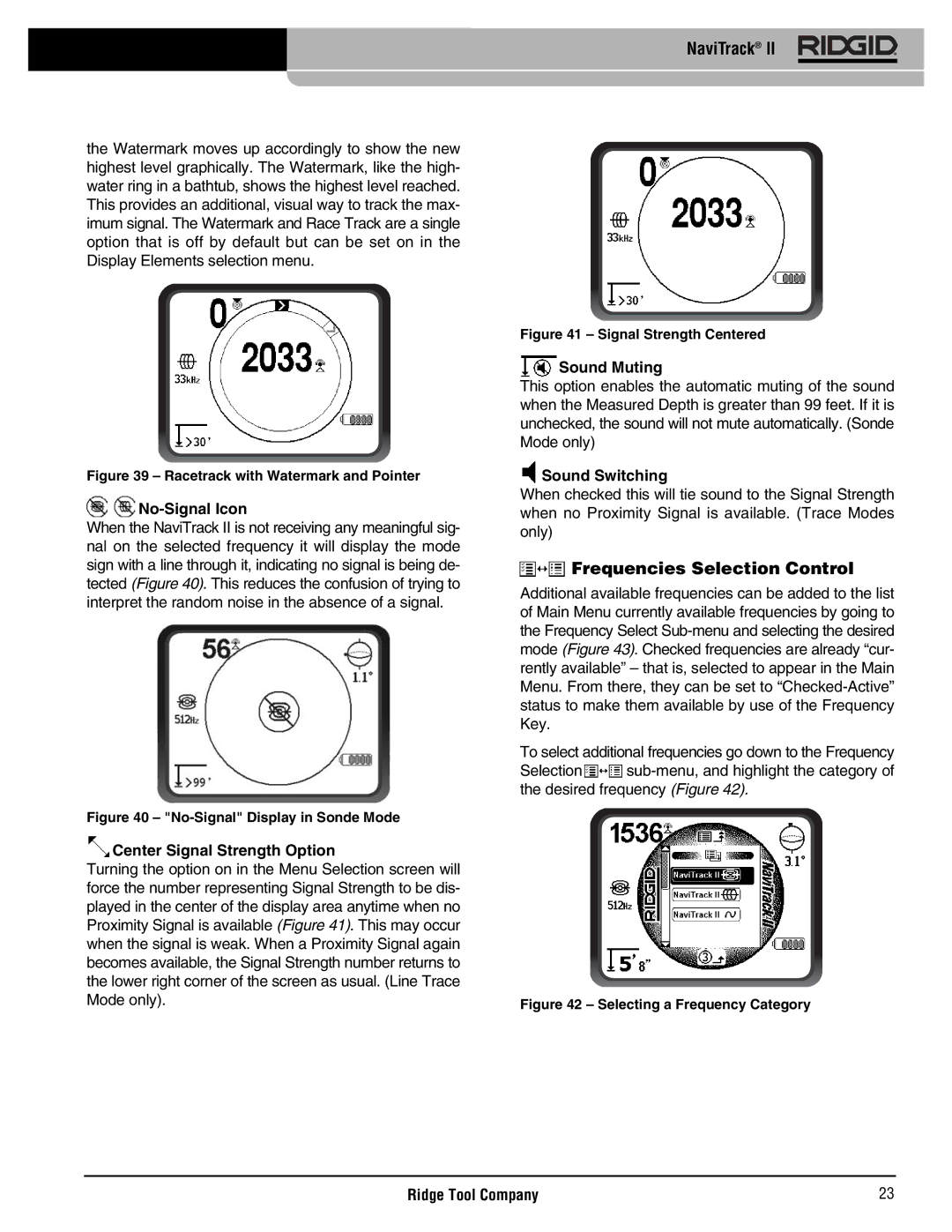 RIDGID Metal Detector manual Frequencies Selection Control, No-Signal Icon, Center Signal Strength Option, Sound Muting 