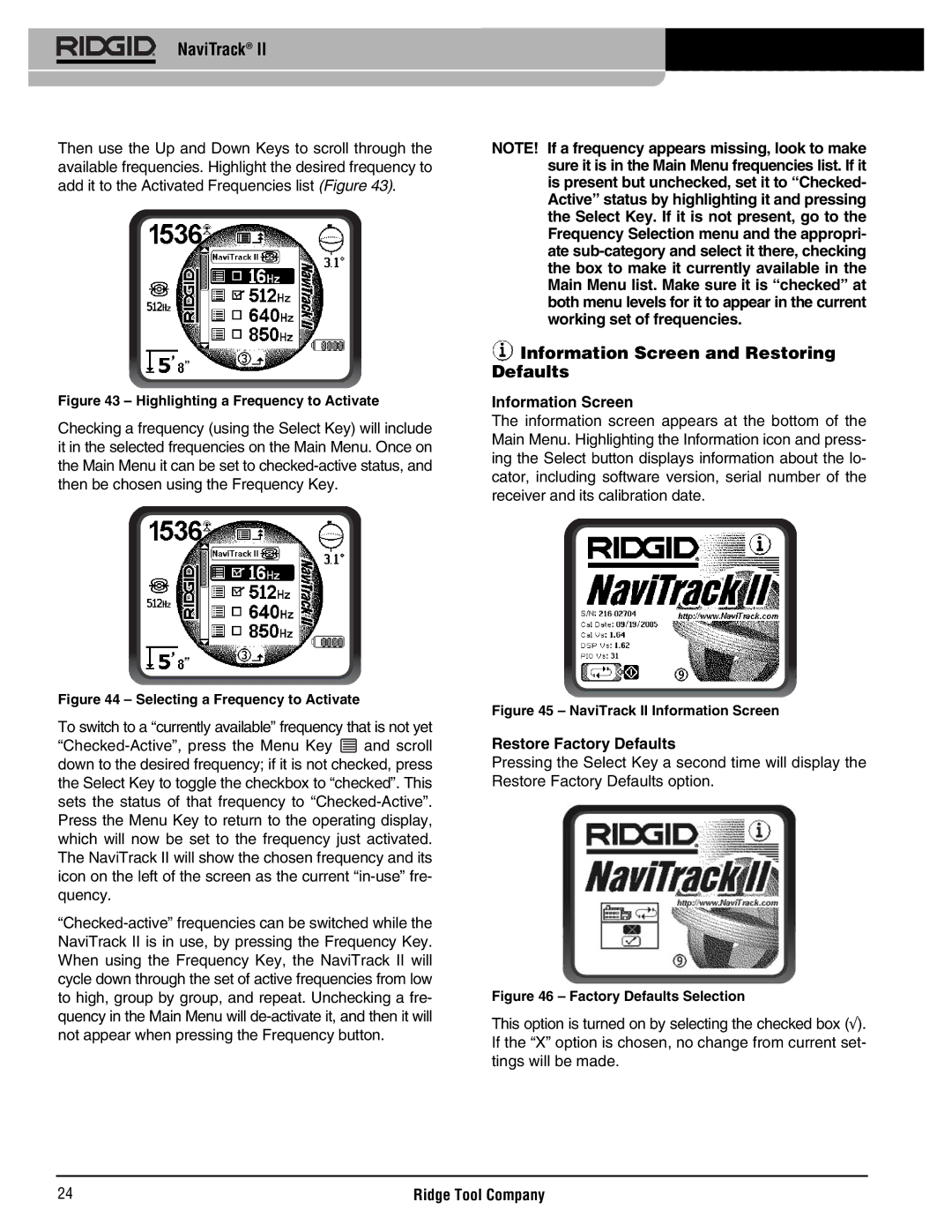 RIDGID Metal Detector manual Information Screen and Restoring Defaults, Restore Factory Defaults 