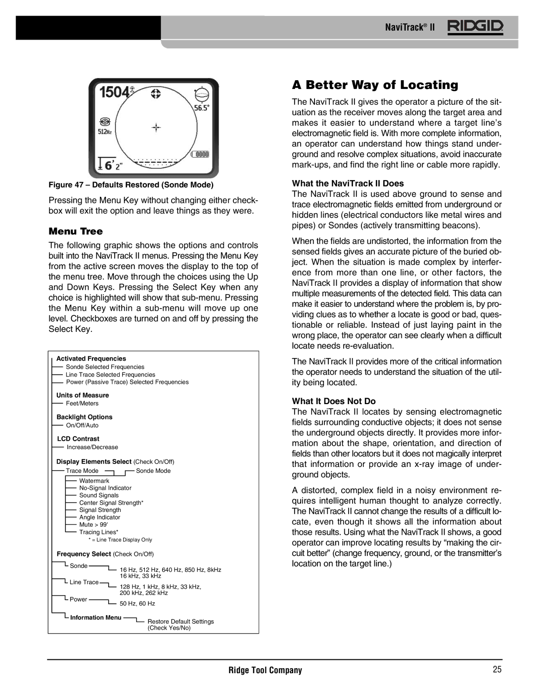 RIDGID Metal Detector manual Better Way of Locating, Menu Tree, What the NaviTrack II Does, What It Does Not Do 