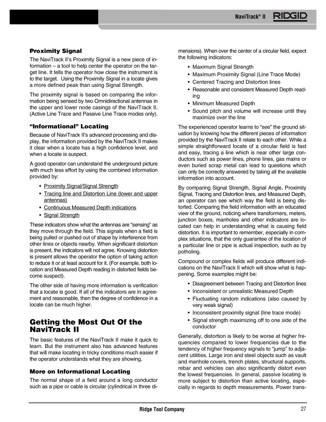 RIDGID Metal Detector manual Getting the Most Out Of the NaviTrack, NaviTrack Proximity Signal, Informational Locating 