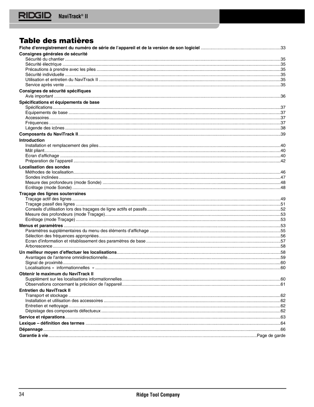 RIDGID Metal Detector manual Table des matières, Consignes générales de sécurité 